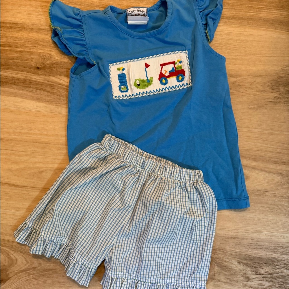 Three Sisters - Ruffle Sleeve Top, smocking golf design and Checkered Shorts Set